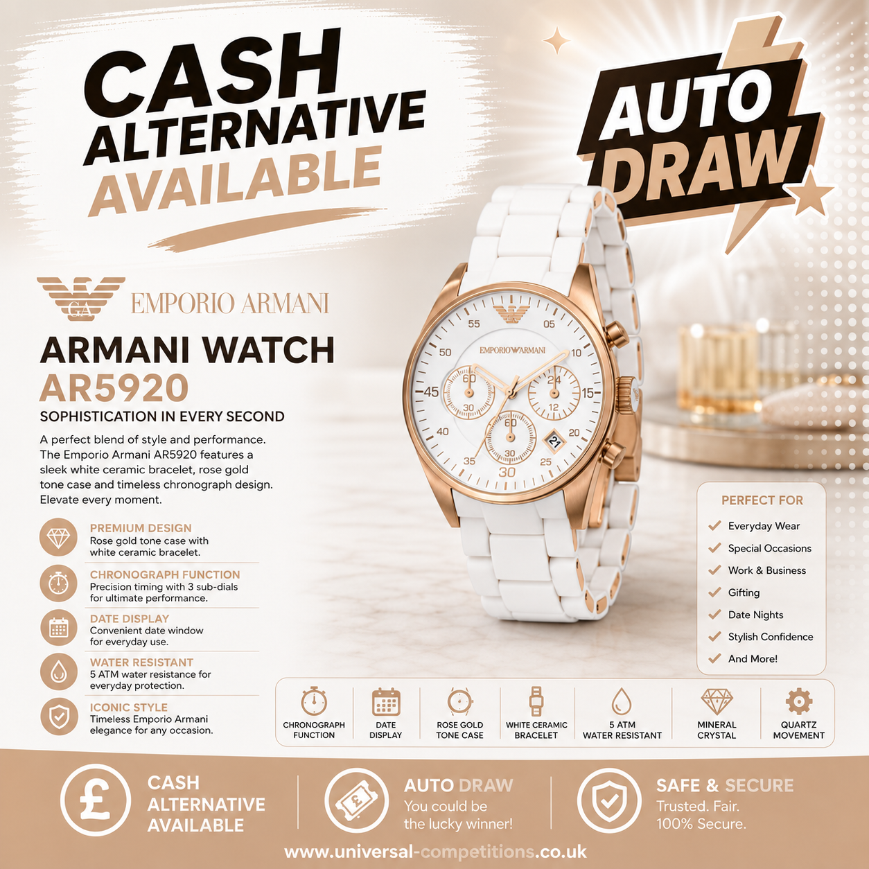 Ladies Armani Watch or Cash!! Only 49 Tickets!! AUTO DRAWN!! 30/07