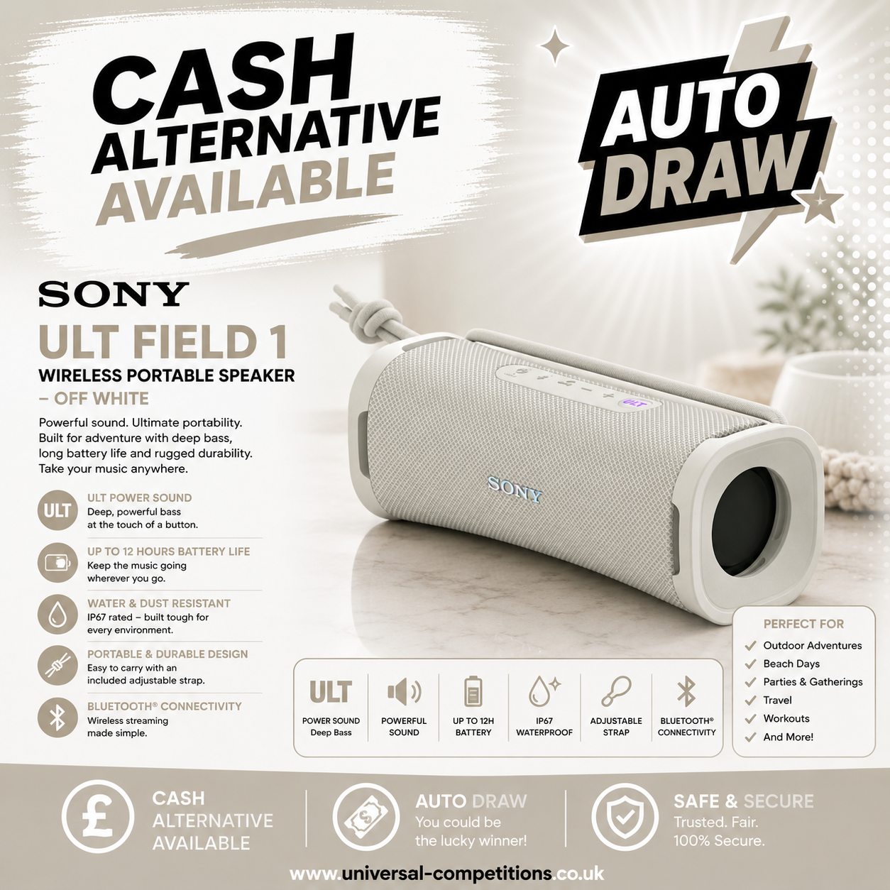 Sony Portable Speaker or Cash!! Only 59 Tickets!! AUTO DRAWN!! 30/07