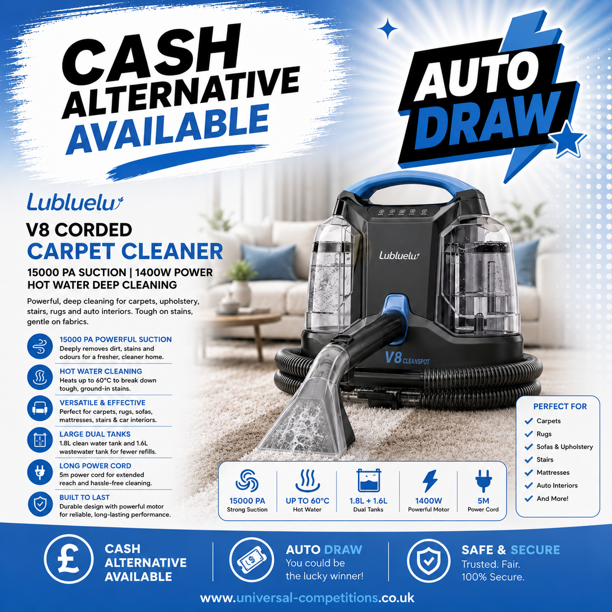 Hot Water Upholstery & Stain Cleaner Machine or Cash!! Only 59 Tickets!! AUTO DRAWN!! 23/07