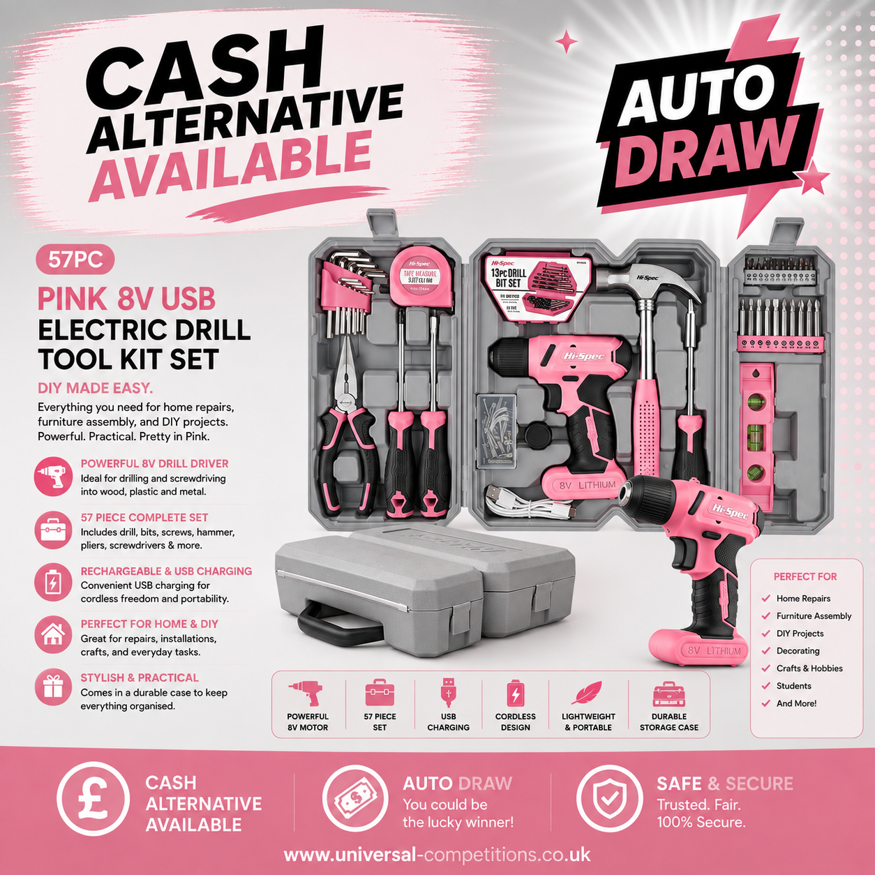 57 piece Pink Tool Set or Cash!! Only 55 Tickets!! AUTO DRAWN!! 13/08