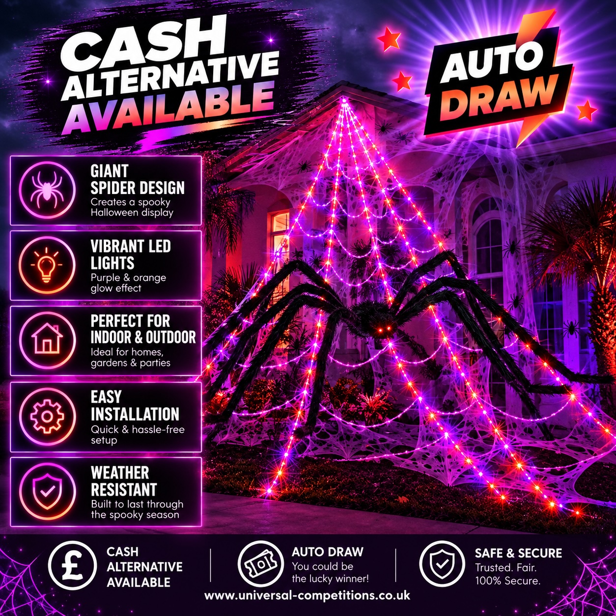 Giant Spider Halloween Decor or Cash!! Only 25 Tickets!! AUTO DRAWN!! 22/10